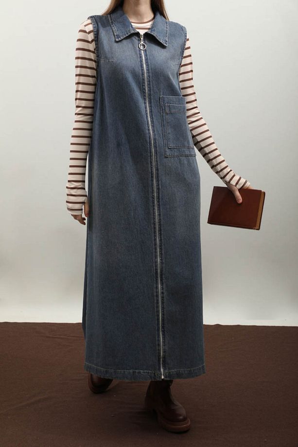 Fermuarlı Denim Jile Koyu Mavi - 5