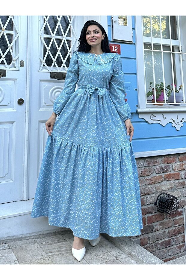 Modest Detachable Collar Blue Small Pattern Poplin Tiered Dress (DRESS-DETACHABLE COLLAR)