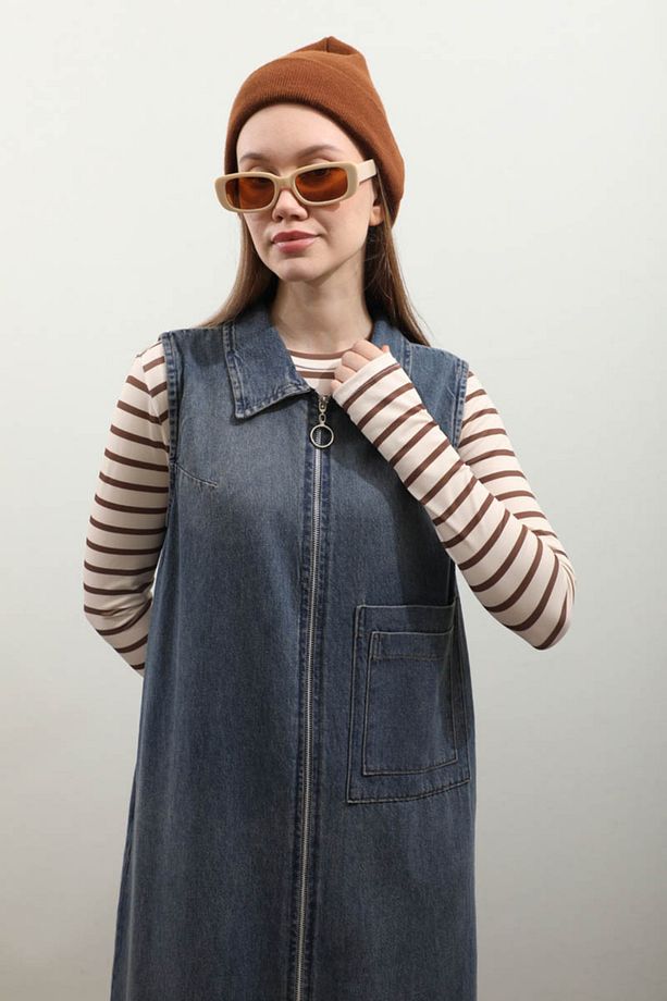 Fermuarlı Denim Jile Koyu Mavi - 6