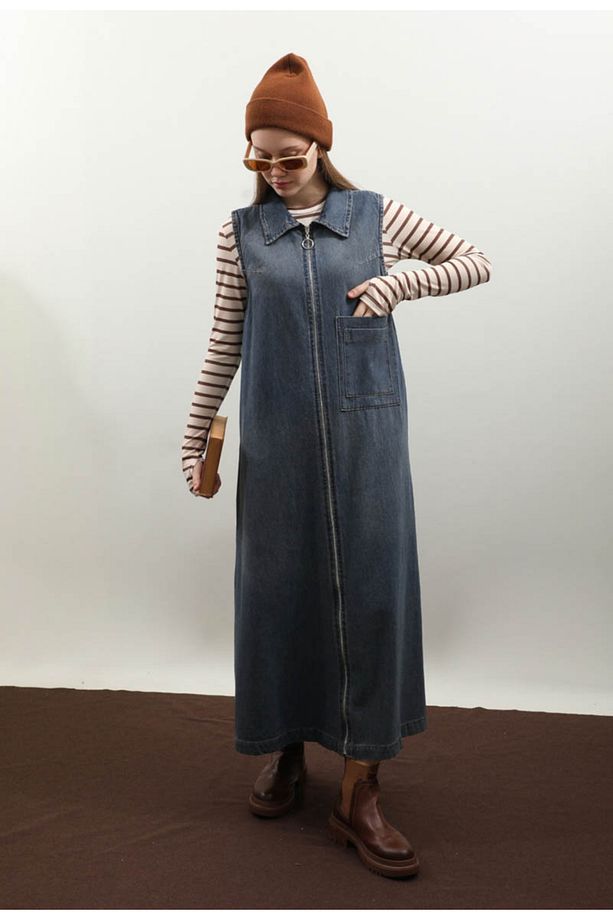 Fermuarlı Denim Jile Koyu Mavi - 3