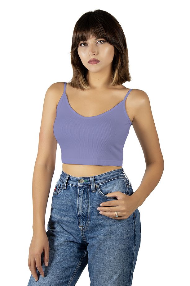 Mor İp Askılı Fitted/Vücuda Oturan Fitili Örme Crop Top Bluz - 1
