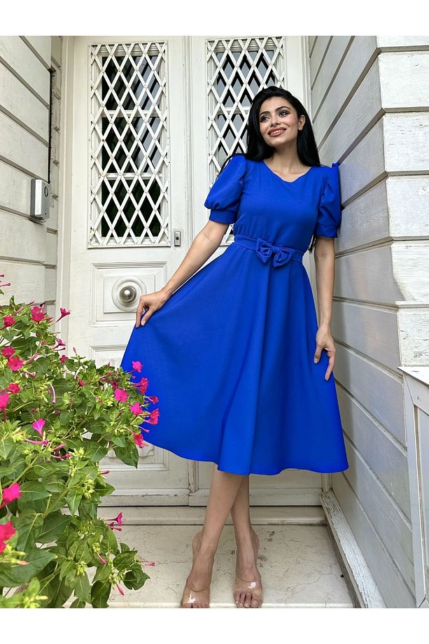 Saks Mavisi Karpuz Kol Kloş Midi Boy Krep Elbise - 6