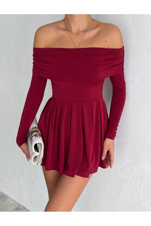 Women's Open Shoulder Madonna Collar with the Body Pleated Mini Stylish Dress Mnn7139