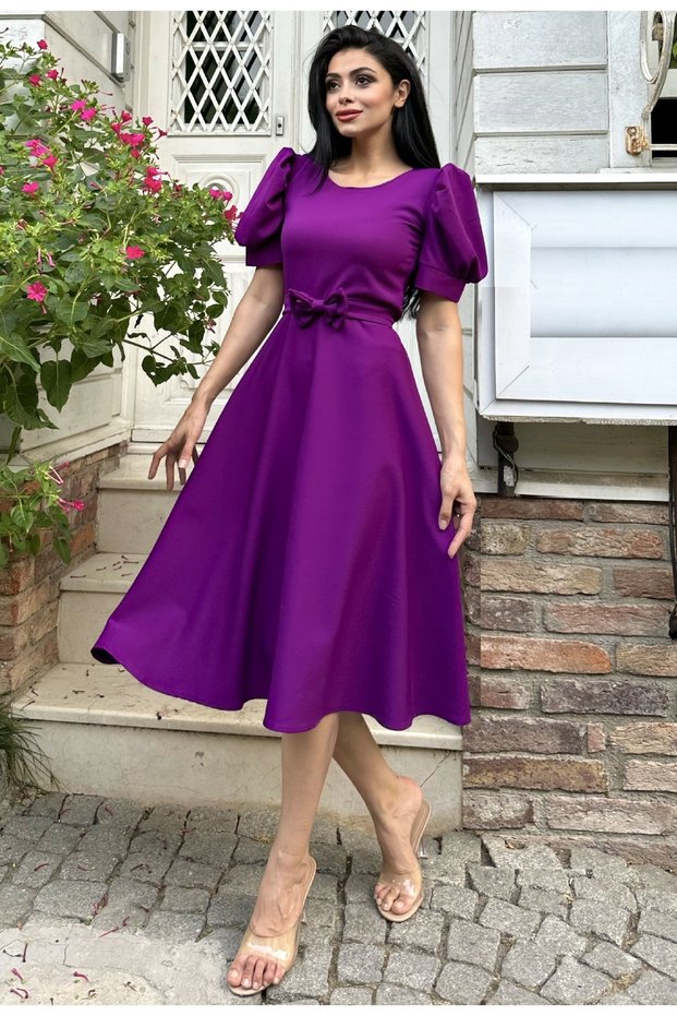 Purple Watermelon Sleeve Flared Midi Length Crepe Dress