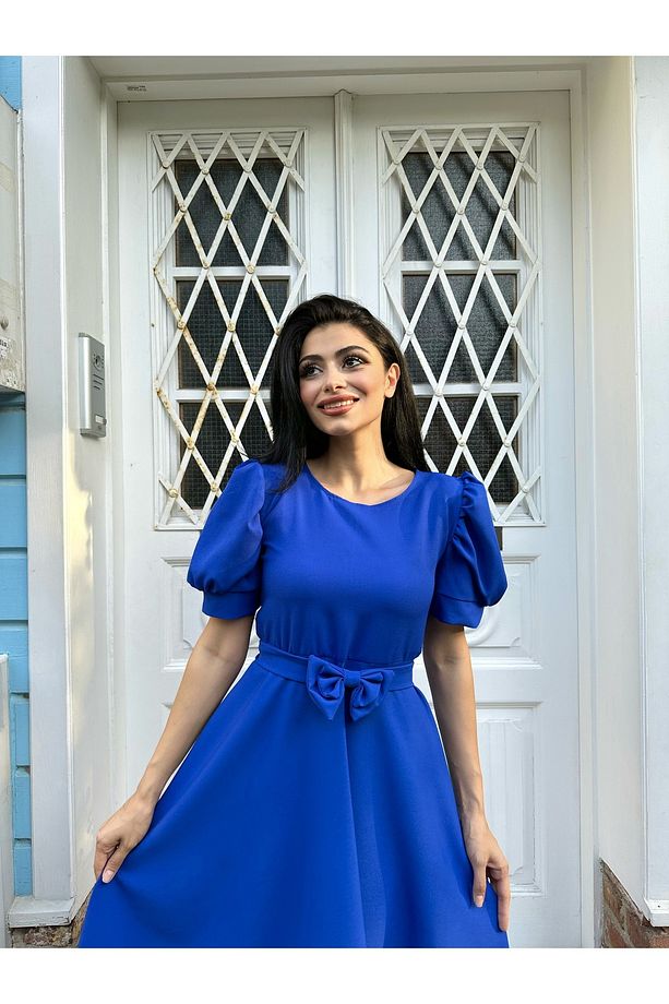 Saks Mavisi Karpuz Kol Kloş Midi Boy Krep Elbise - 5