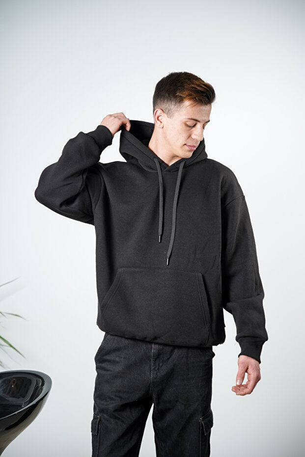 Kapüşonlu Siyah Sweatshirt - 1