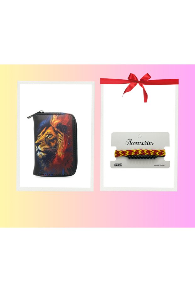 Children's & Teenagers' Wallet with Double Bracelet Gift, Lion Image, Zippered Coin Compartment, Card Holder