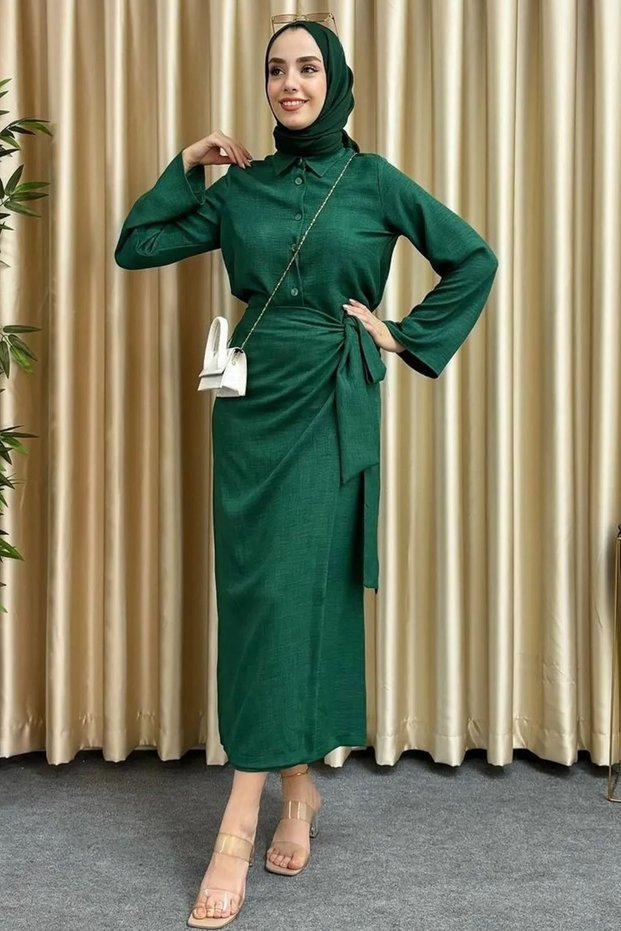 Women's Hijab Clothing in Emerald Melage Fabric - Skirt and Shirt Set with Side Tie Detail