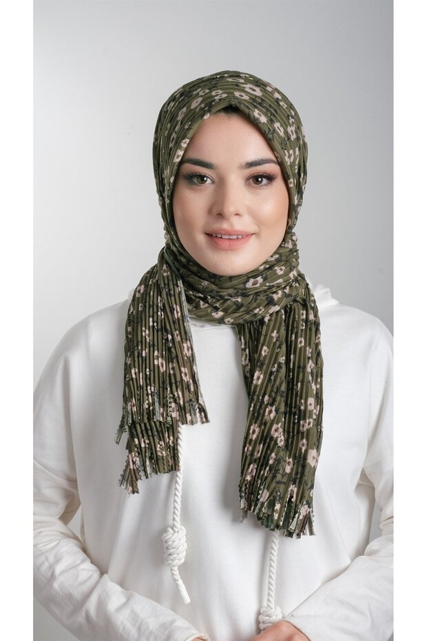 Khaki Practical Ready-made Interlocking Hijab Scarf Staple Fiber Pleated Flower Patterned 1818d7_09