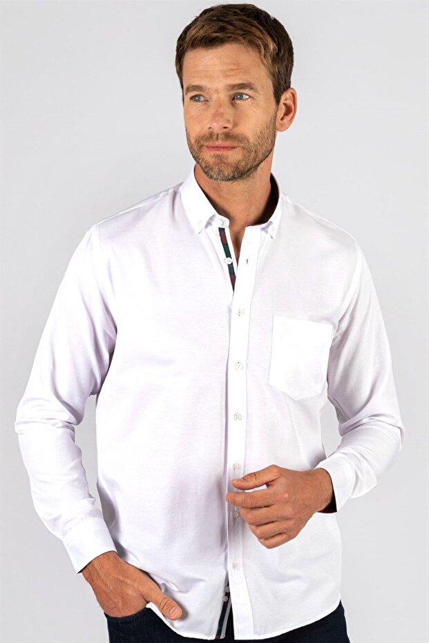 Men's Regular Fit Classic Cut Cotton Oxford Texture Single Pocket White Button Lapel Shirt