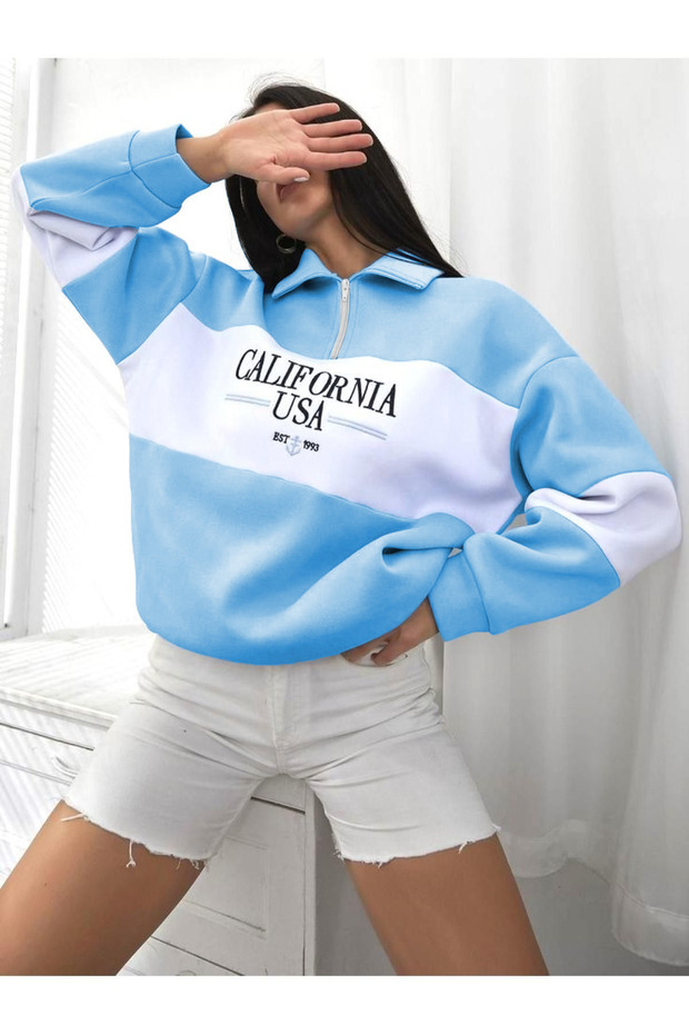 California Usa Printed Piece Color Half Zip Polo Neck Sweatshirt with Fleece Inside Winter Unisex