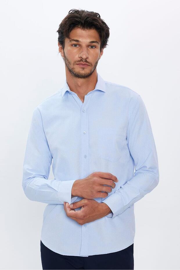 Men's Regular Fit Classic Cut Cotton Dobby Print Blue Shirt
