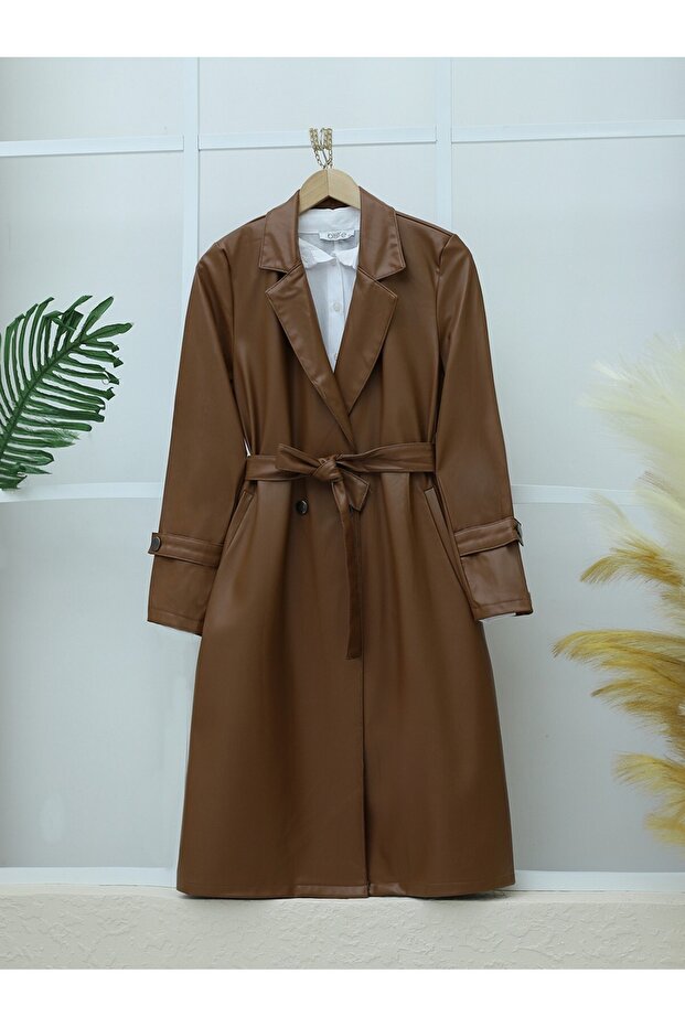 Leather Trench Coat with Belt and Side Pockets - Tan