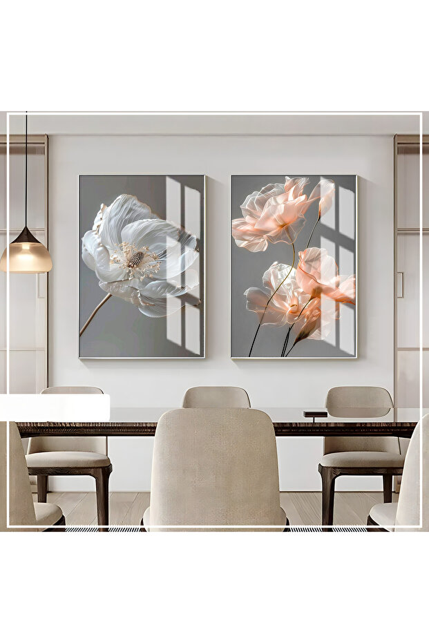 Hari̇kabi̇rev | Special Soft Flower Combination Anthracite Gray 1 | Framed Glass Table 2 Pieces Vertical