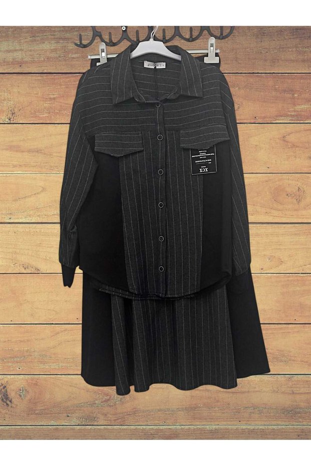 Women's Striped Skirt with Elastic Sides and Shirt Skirt Anthracite Set 14258