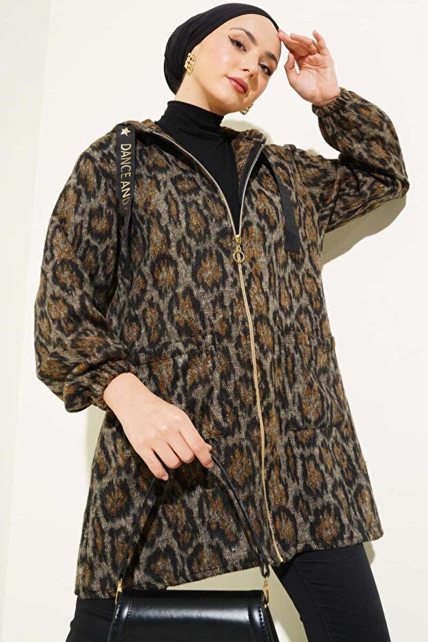 Hooded Zippered Leopard Pattern Coat