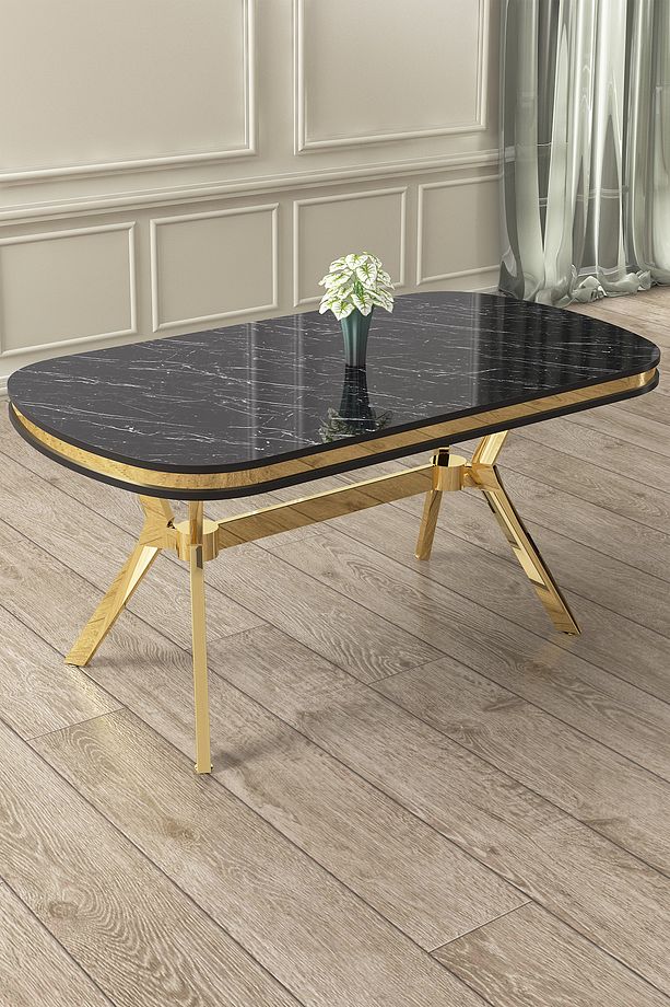Epal Serisi 90x168 Lak Panel Gold Ayak Siyah Mermer Desen Sabit Mutfak Masası - 1
