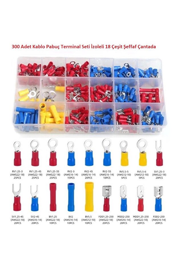300 Adet Kablo Pabuç Terminal Seti İzoleli 18 Çeşit Şeffaf Çantada - 1