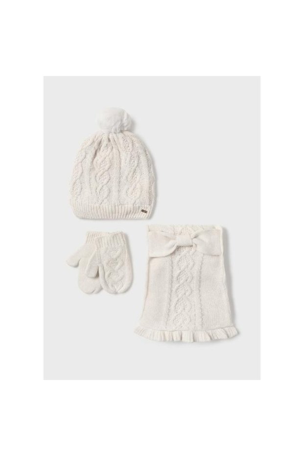 Ecru Baby Girl Pompom Beanie Gloves Set