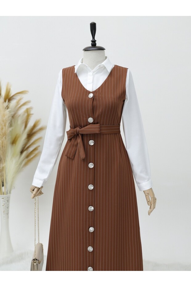 Buttoned Belted Striped Gilet - Brown