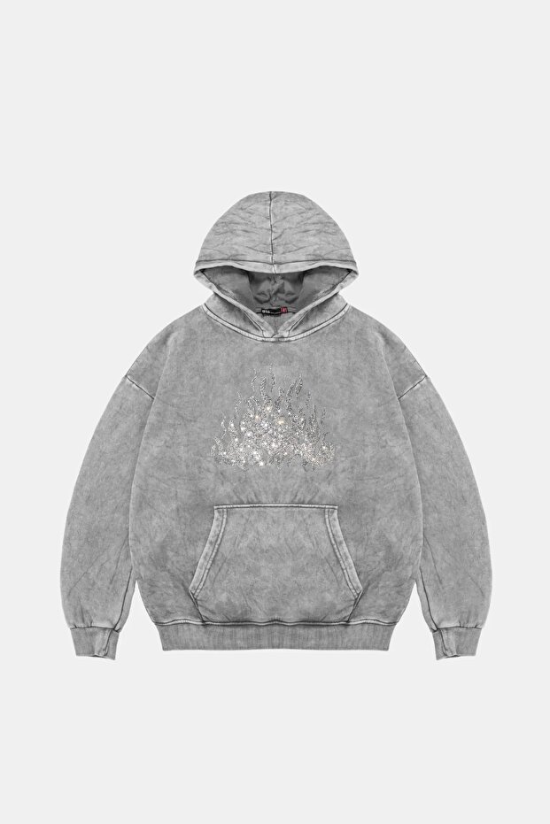 Flame Stone Printed Oversize Unisex Washable White Hoodie
