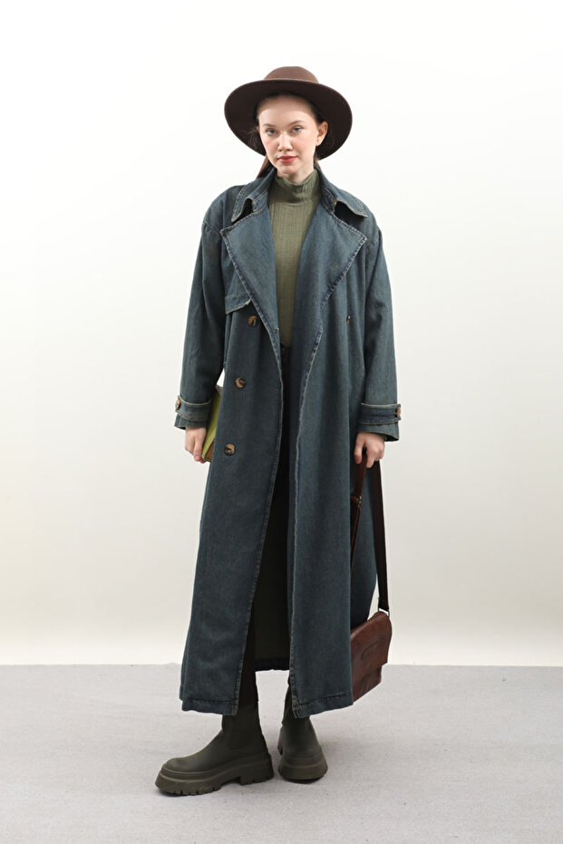 Oversize Denim Trençkot Koyu Mavi - 3