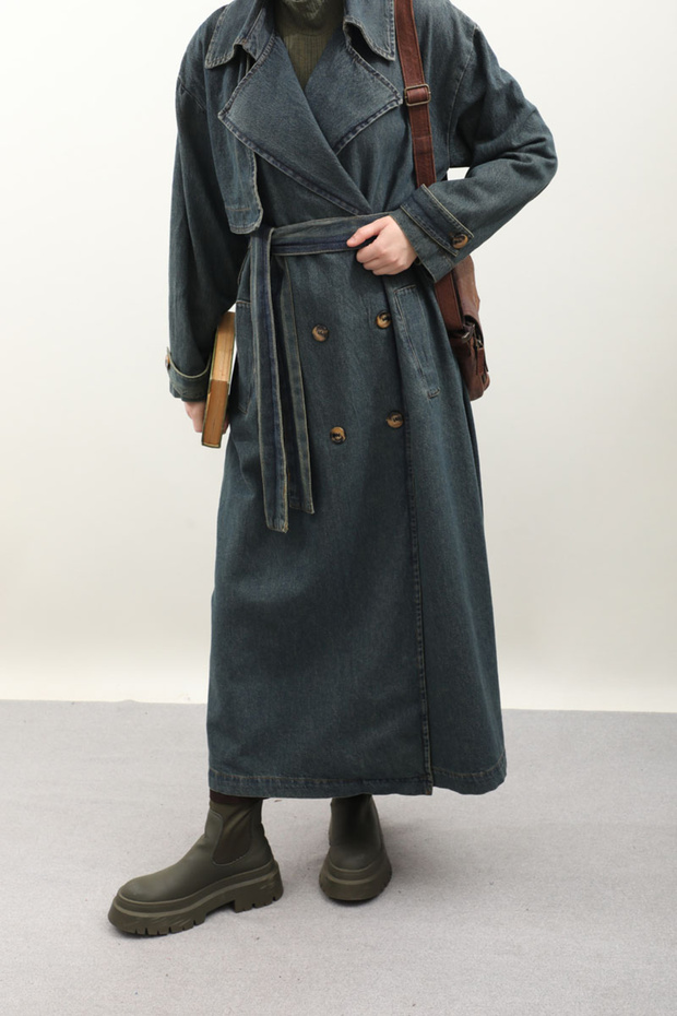 Oversize Denim Trençkot Koyu Mavi - 6