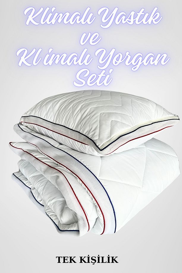 Klimalı Tek Kişilik Yorgan ve 1 Adet Klimalı Yastık Seti 50x70 cm, 4 Mevsim Kullanım - 1