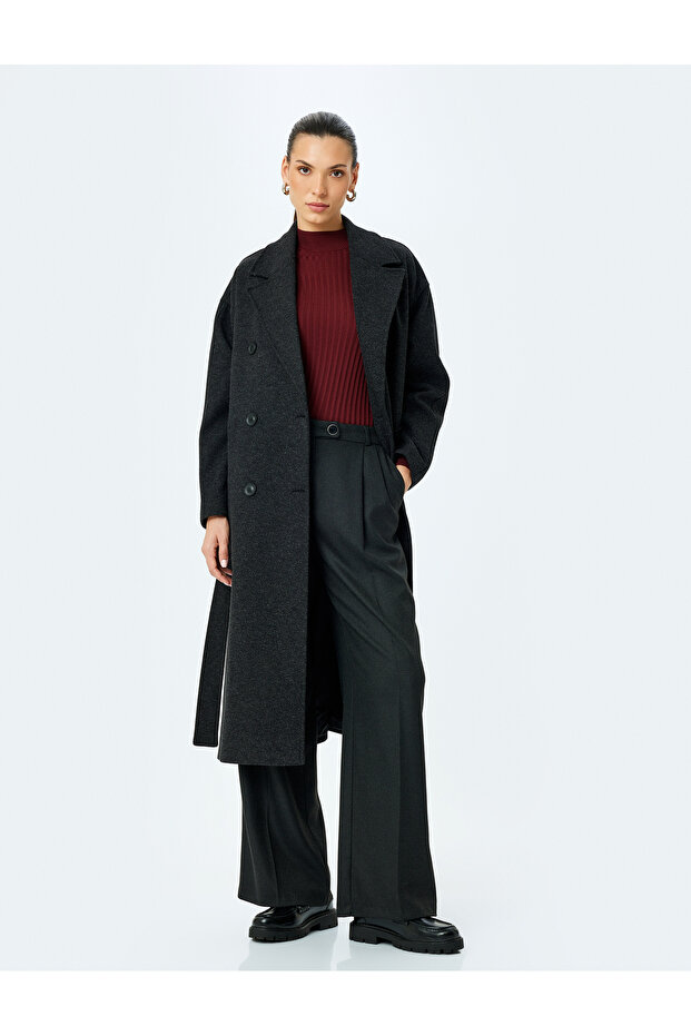 Double Breasted Long Coat with Pockets and Belt Detail