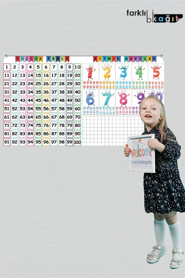 Yüzlük Tablo ve Ritmik Sayılar Seti, Statik Tutunma Sihirli  Akıllı Kağıt Tahta 56X100cm - 1