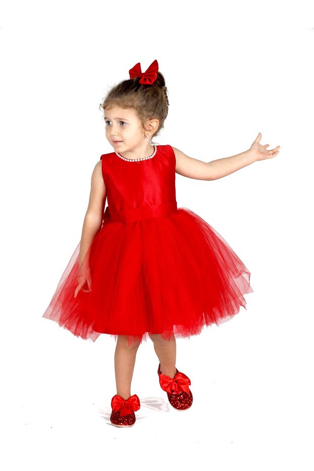 Girls Birthday Prom Show Dress with Neckline and Bowknot Pearls