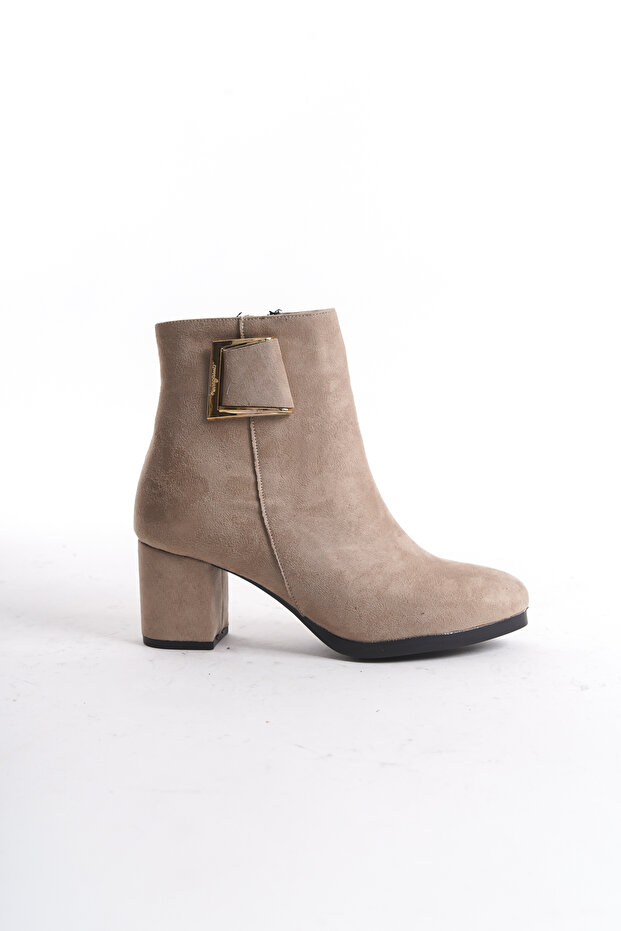 Damskie krótkie buty Athens Beige Suede z klamrą i obcasem - 5