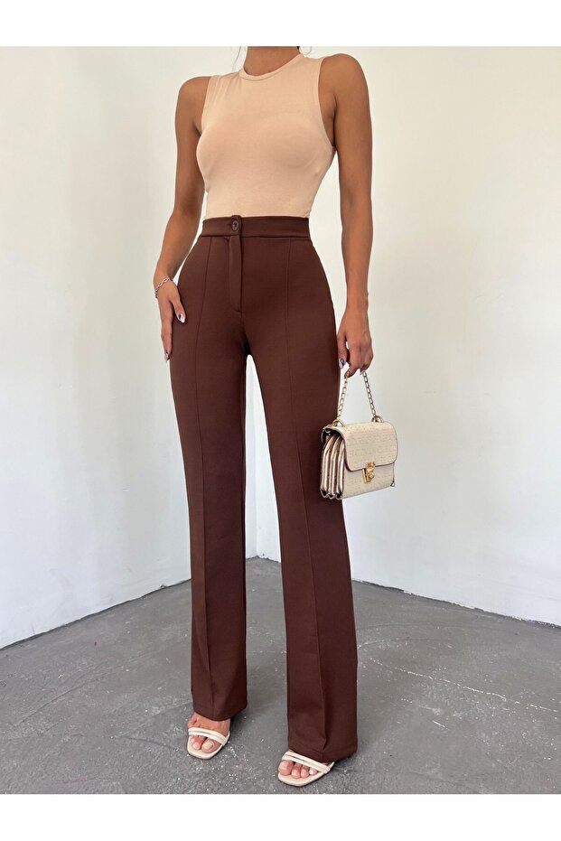 Buttoned Stretch Fabric Trousers - Brown