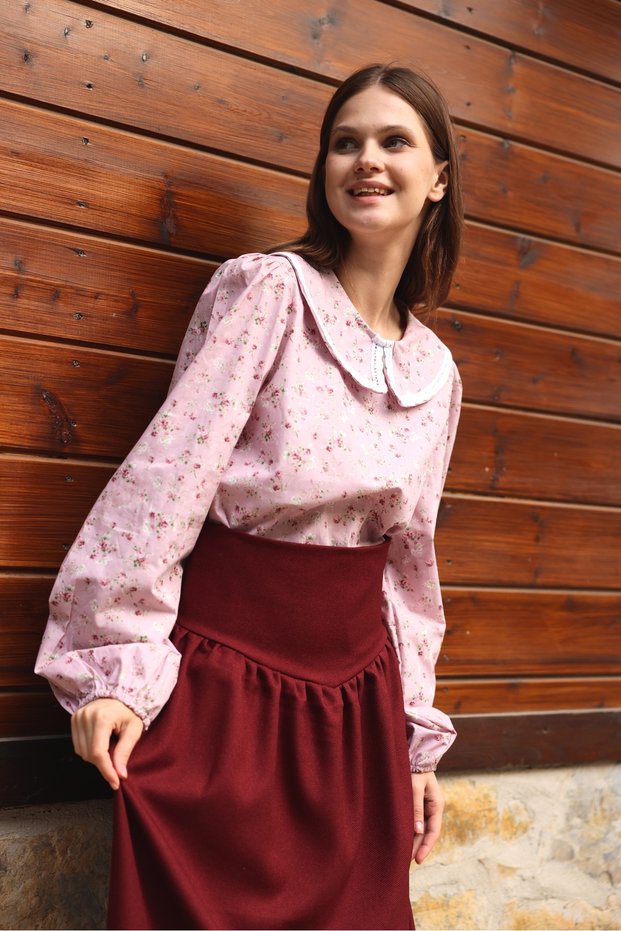 Vintage Pink-Burgundy Floral Baby Collar Lace Poplin Blouse