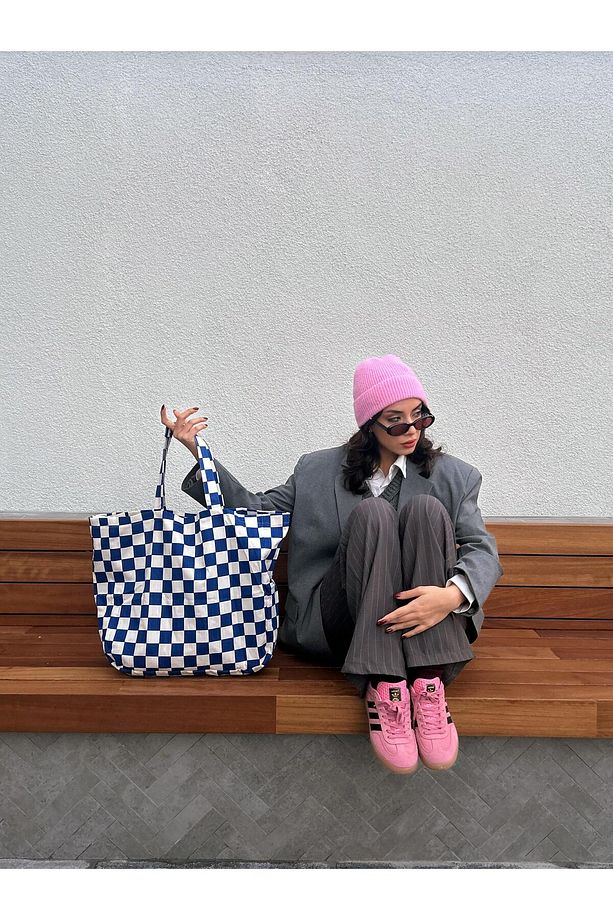 Saks Dama Desenli Oversize Kanvas Bez Çanta - 3