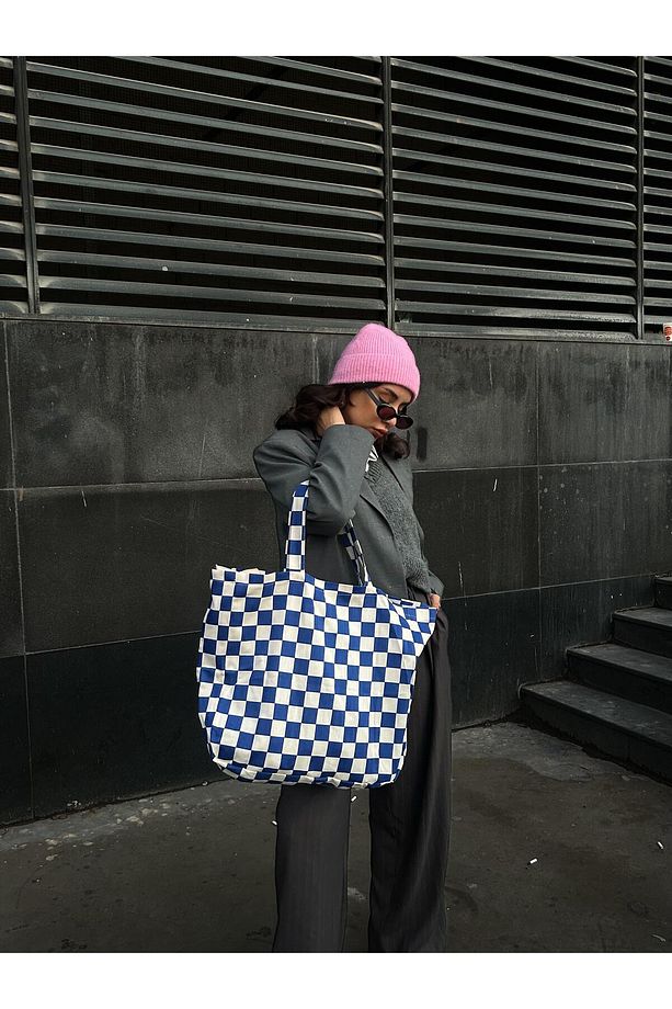Saks Dama Desenli Oversize Kanvas Bez Çanta - 6