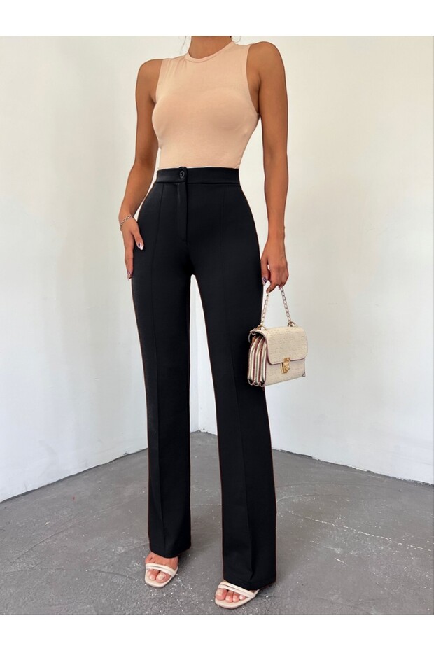 Buttoned Stretch Fabric Trousers -Black