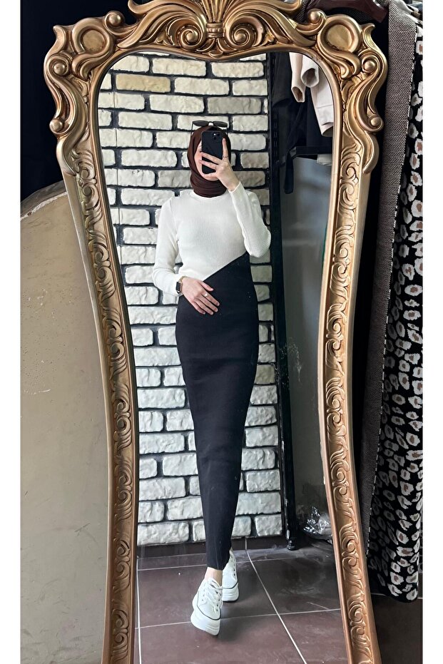 Çift renkli triko elbise - 4