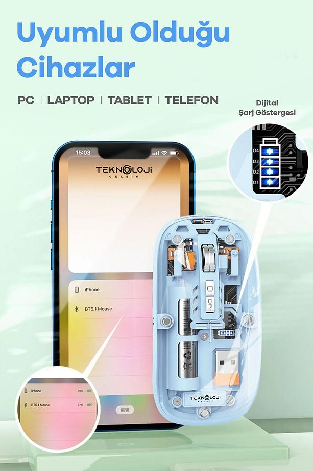 Kablosuz Mouse Fare Şarjlı Bluetooth Wireless Çift Modlu Sessiz 5 Tuşlu Şeffaf DPI Kontrol  Tg-9010 - 5