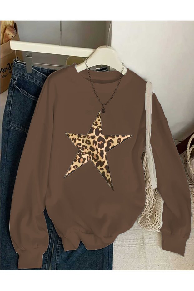 Leopard Star Patterned Printed Crew Neck Oversized Sweatshirt Women
