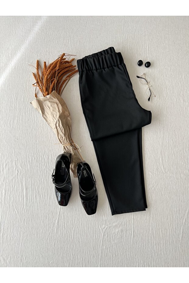 Black Skinny Leg Elastic Waist Crepe Trousers
