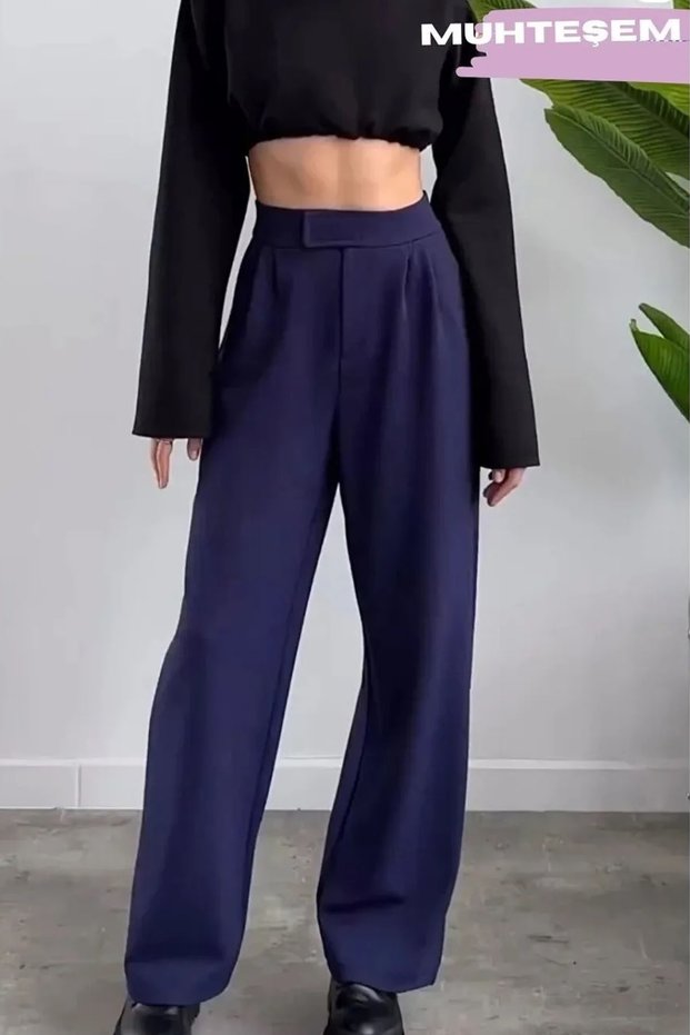 Women's Comfortable Fabric Velcro Closure Palazzo Trousers-Navy Blue