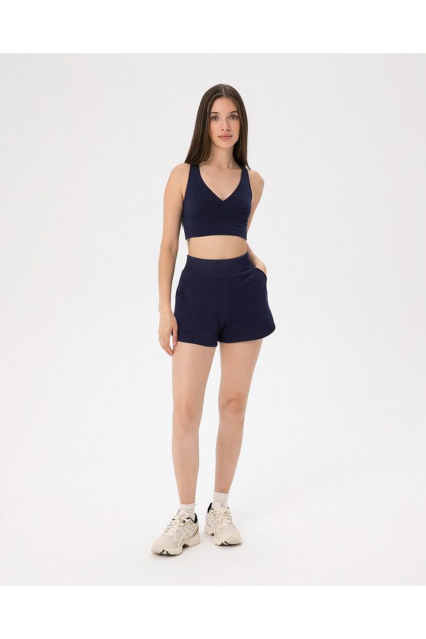 Lacivert Bel Lastikli Ayarlanabilir Sweatshort Şort - 4