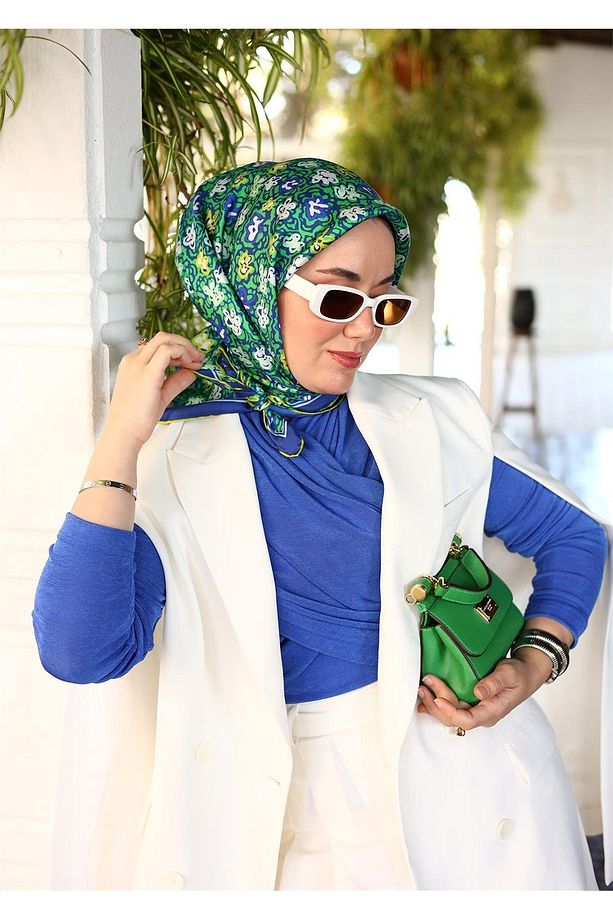 Saks Mavisi Çıtır Çiçek Desenli Tivil İpek Eşarp - 3