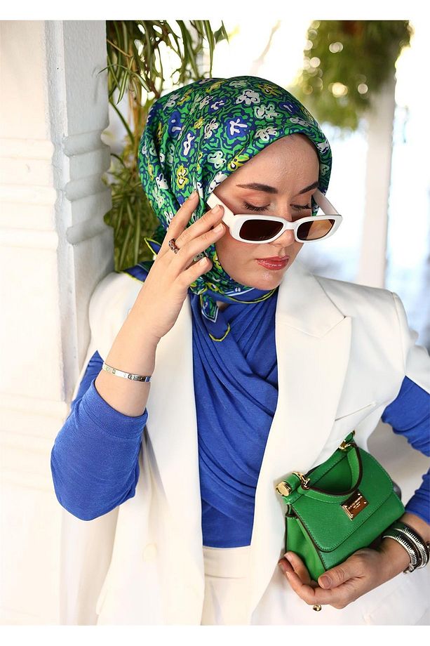 Saks Mavisi Çıtır Çiçek Desenli Tivil İpek Eşarp - 5