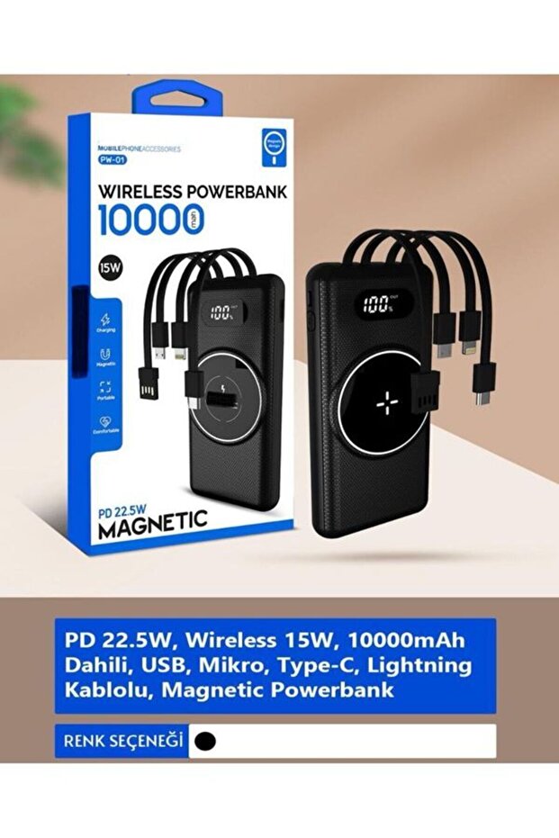 10000mAh PD 22.5W Kablosuz & Kablolu Powerbank | Wireless 15W, USB, Micro & Type-C, iPhone Uyumlu - 6