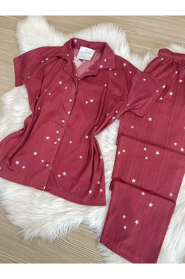 Koyu Pembe Yıldız Desenli Pegasus Kısa Kol Pijama Takımı - 7