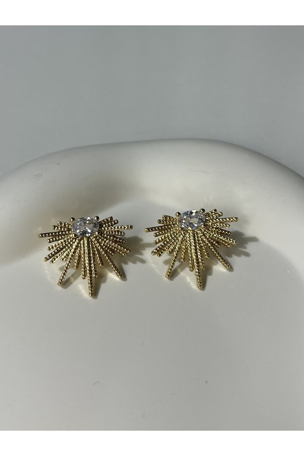 Special Series Oval Stone Detailed Embroidered Half Sun Sparkle Gold Earrings