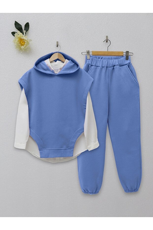Hooded Three-Thread Ruffled Pants Set - Blue