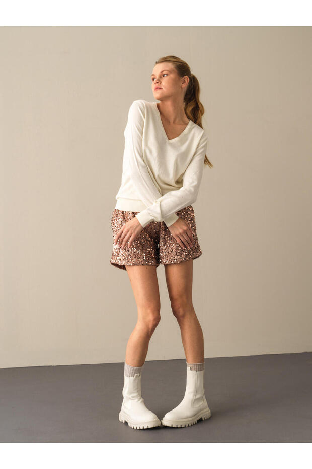 Kadın Ekru Regular Fit Basic Kazak - 4